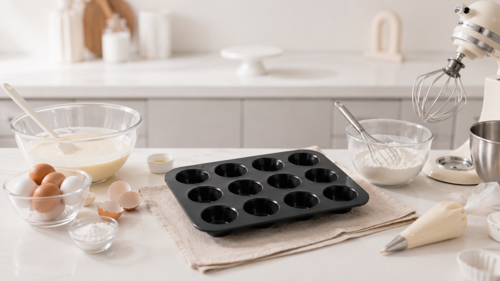 白いキッチンで黒いシリコーンマフィン型と製菓道具を並べたシーン