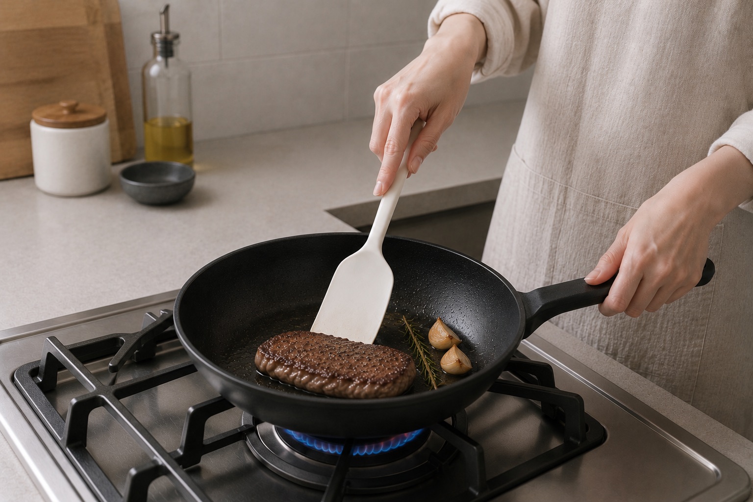白いシリコーンターナーでフライパンの食材を返している調理シーン